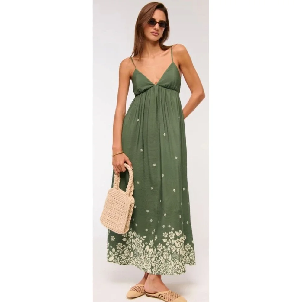 Abercrombie & Fitch Green Floral Flowy Maxi Dress Open Back Boho Fairy Beach MT